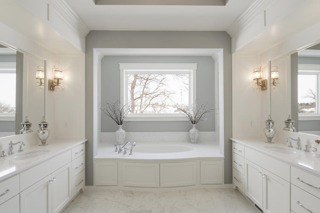 Beautiful bathroom vanities and bath by Twin Cities Discount Granite